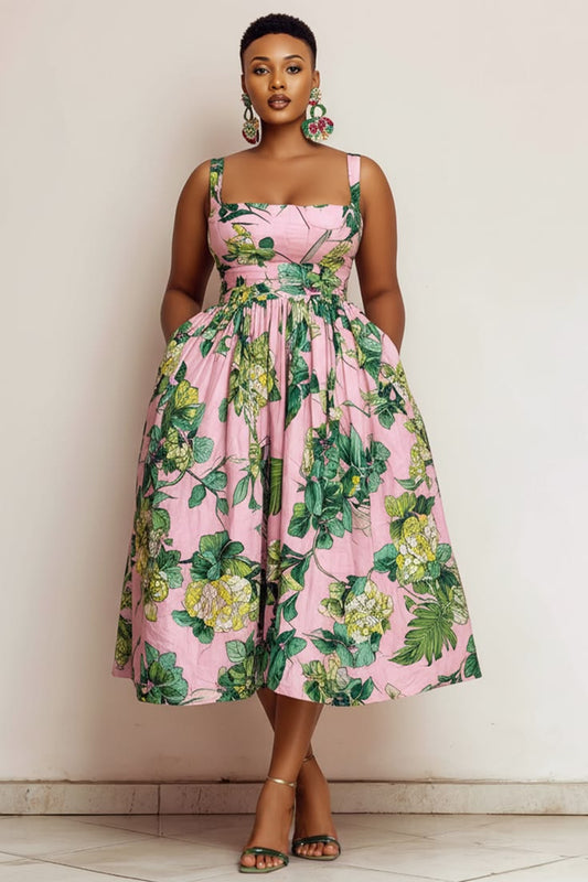Xpluswear Design Plus Size Vacation Sundress Pink Floral Square Neck