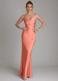Bridesmaid Dress Stretch Satin Pink Mermaid Square Neck Floor Length