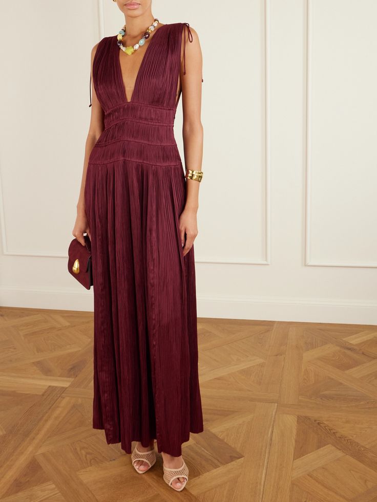 Ulla Johnson Tasneem Plisse Satin Gown Burgundy