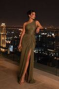 Olive Green Pleated Evening Gown Women Elegant Corset Party Dress