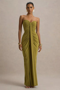 Ali Olive Sweetheart Ruched Wrap Maxi Dress