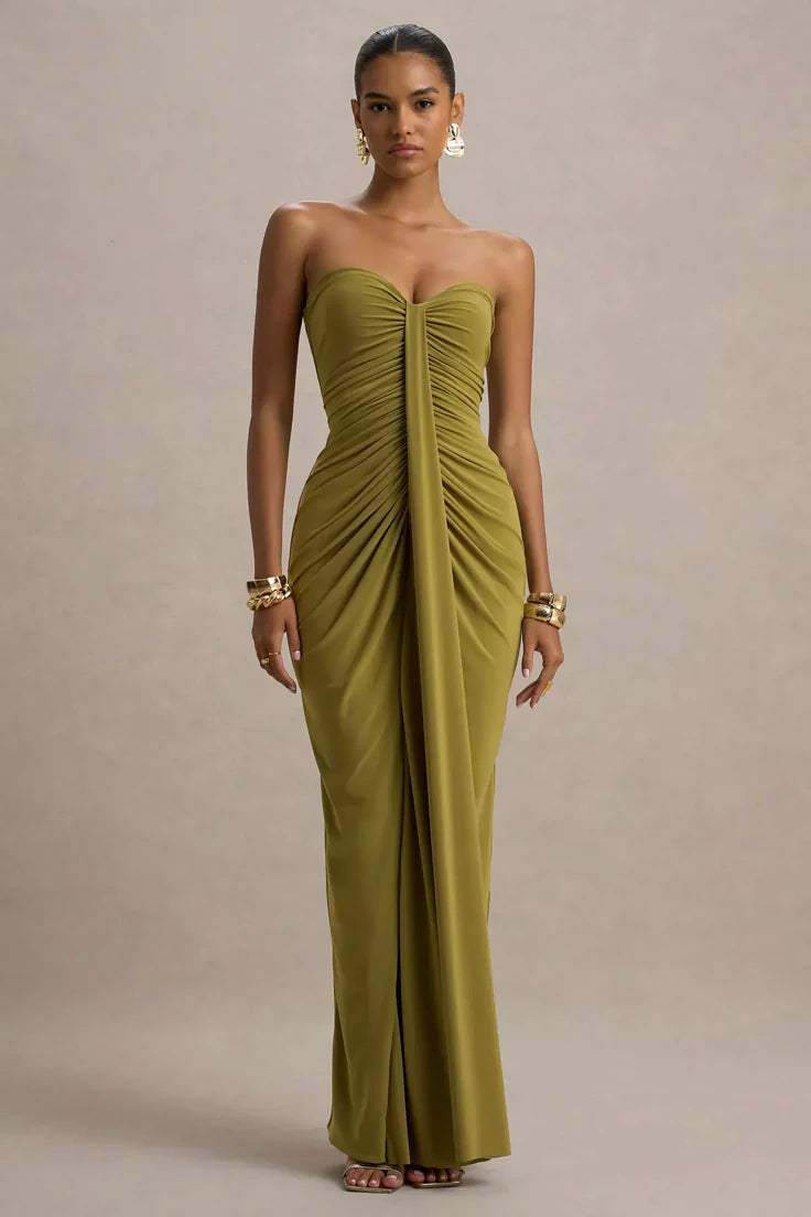 Ali Olive Sweetheart Ruched Wrap Maxi Dress