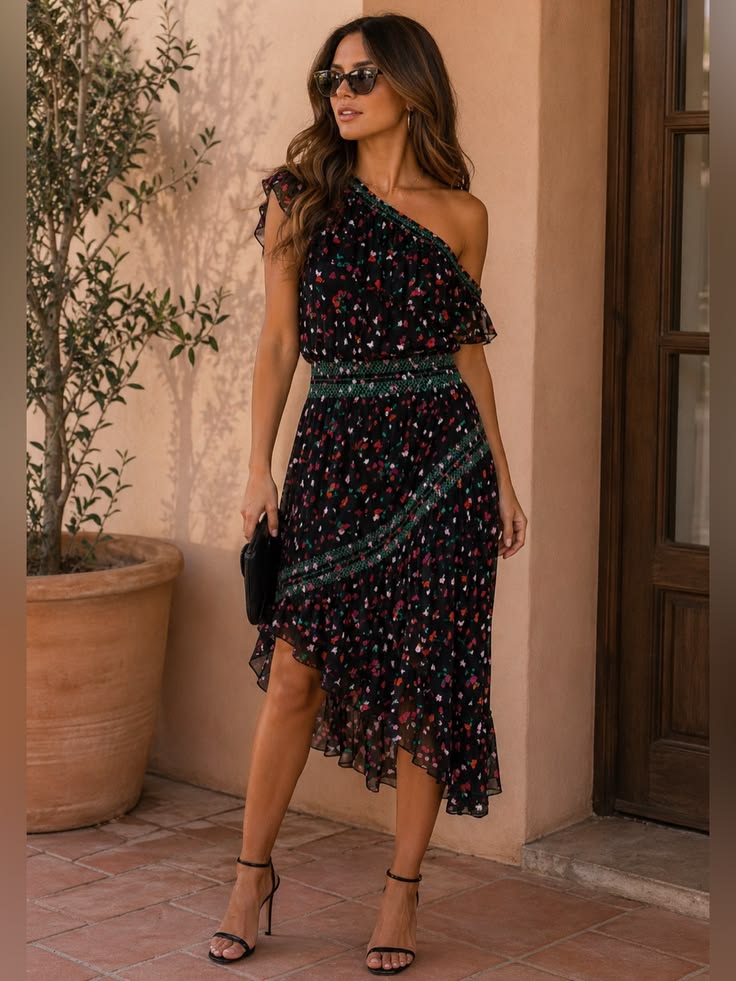 Joie Dress Joie Hafsa Dress 100% Silk Black Floral Print One Shoulder