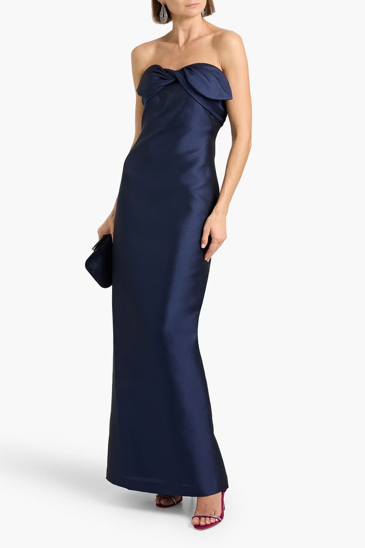 Badgley Mischka Strapless Bow Detailed Jacquard Gown Blue