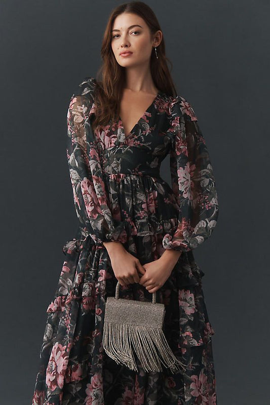 Floral Chiffon Plunge Maxi Dress Black Floral