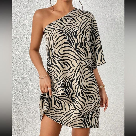 Boho Zebra Stripes One Shoulder Mini Dress