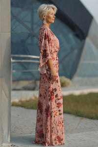 Dusty Rose Floral V Neck Sheath Mother Of The Bride Dress With Flared