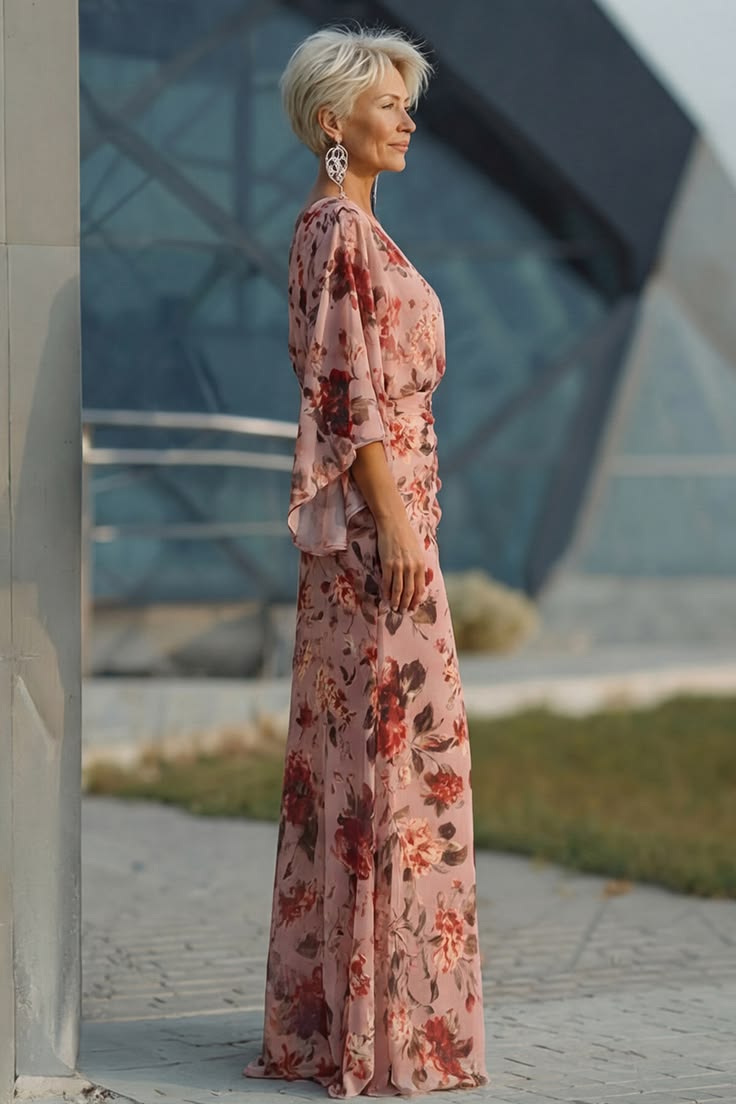 Dusty Rose Floral V Neck Sheath Mother Of The Bride Dress With Flared