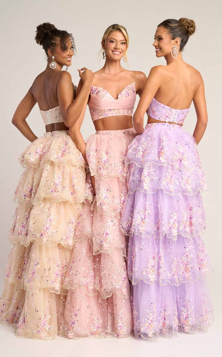 Strapless Floor Length Tulle Prom Dress Tiered Floral Two Piece Portia