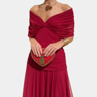 Madison | Chiffon Off-Shoulder Midi Dress Ruched Twist Front 4
