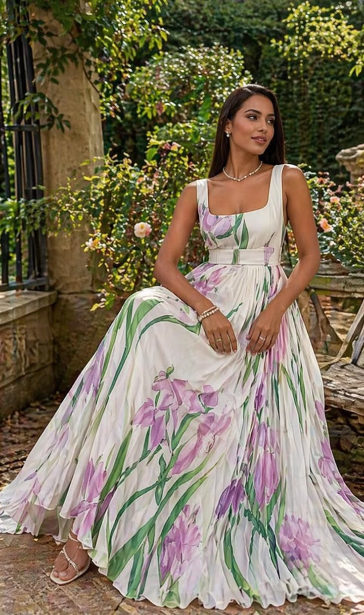 Floral Pleated Maxi Dress, Square Neck Summer Dress, Sleeveless High