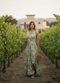 Vintage Floral Maxi Dress Army Green Retro Boho Gown, S