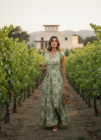 Vintage Floral Maxi Dress Army Green Retro Boho Gown, S