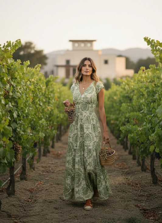 Vintage Floral Maxi Dress Army Green Retro Boho Gown, S