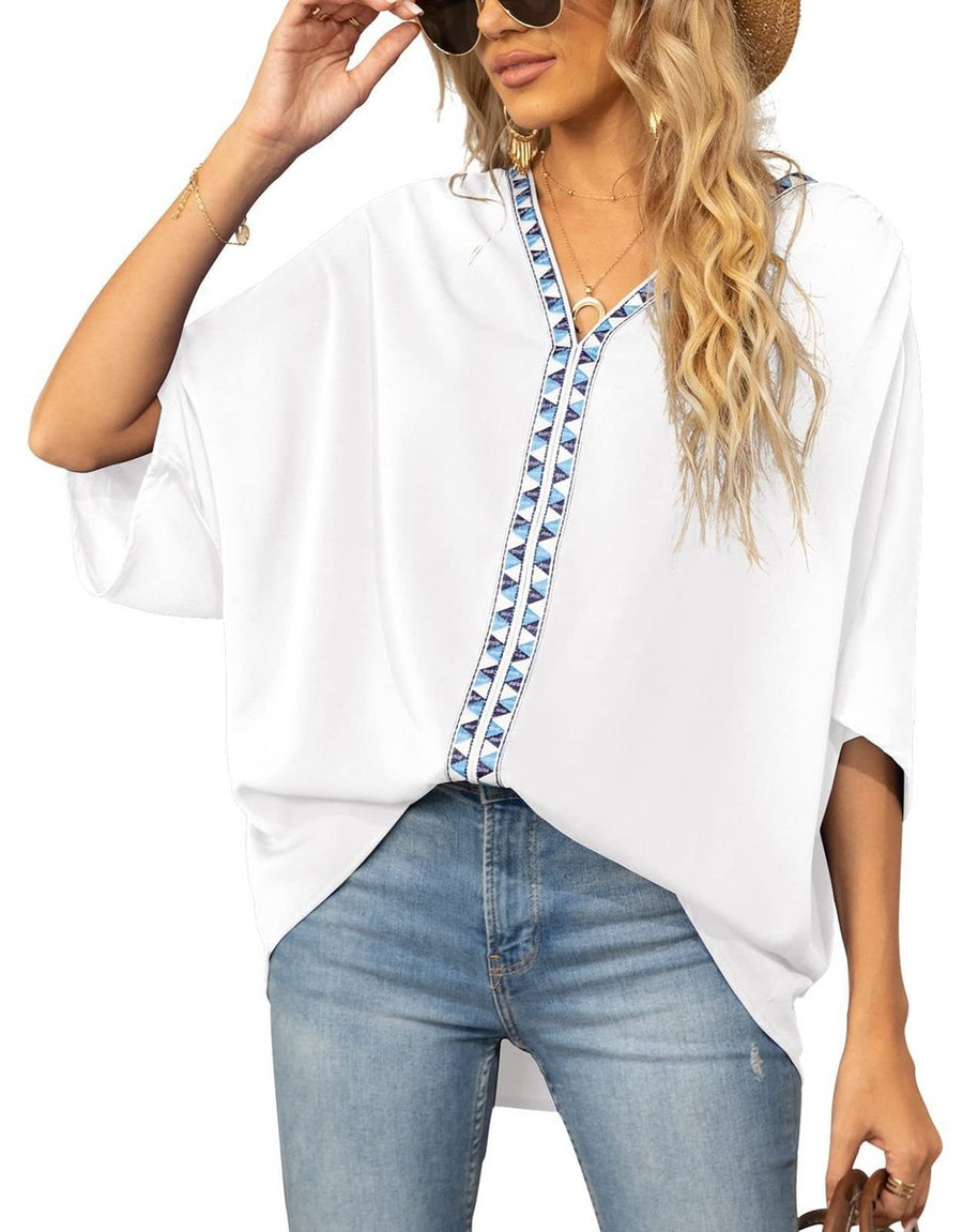 Aldene | Women's V-Neck Oversized Short Sleeve Tunic