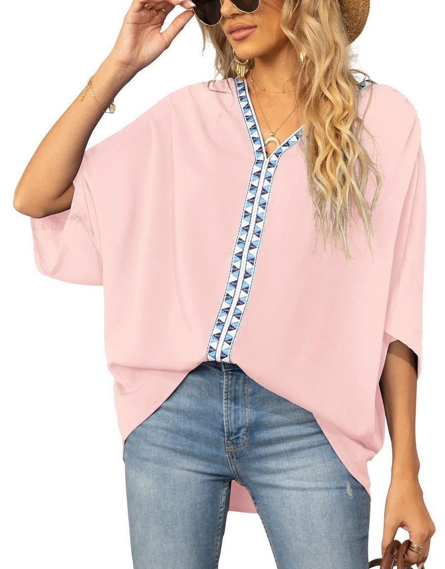 Aldene | Women's V-Neck Oversized Short Sleeve Tunic