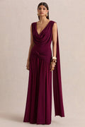 Amelisse Burgundy Plunge Neck Maxi Dress With Ruched Detailing