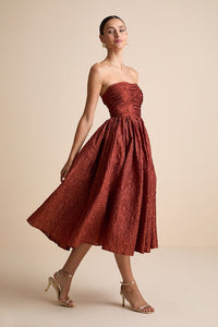 Analeia Rust Jacquard Lace Up Strapless Midi Dress