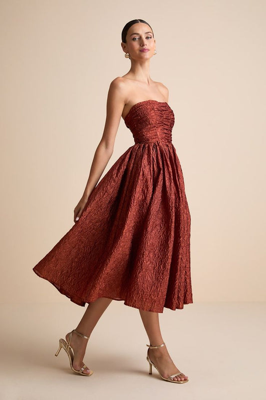 Analeia Rust Jacquard Lace Up Strapless Midi Dress