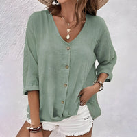 Anastara | Women's V Neck Button Front Long Sleeve Blouse