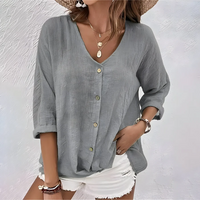 Anastara | Women's V Neck Button Front Long Sleeve Blouse