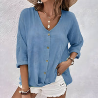 Anastara | Women's V Neck Button Front Long Sleeve Blouse