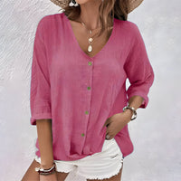 Anastara | Women's V Neck Button Front Long Sleeve Blouse