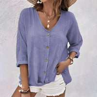 Anastara | Women's V Neck Button Front Long Sleeve Blouse