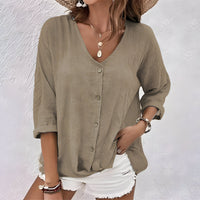Anastara | Women's V Neck Button Front Long Sleeve Blouse