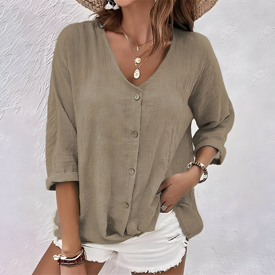 Anastara | Women's V Neck Button Front Long Sleeve Blouse