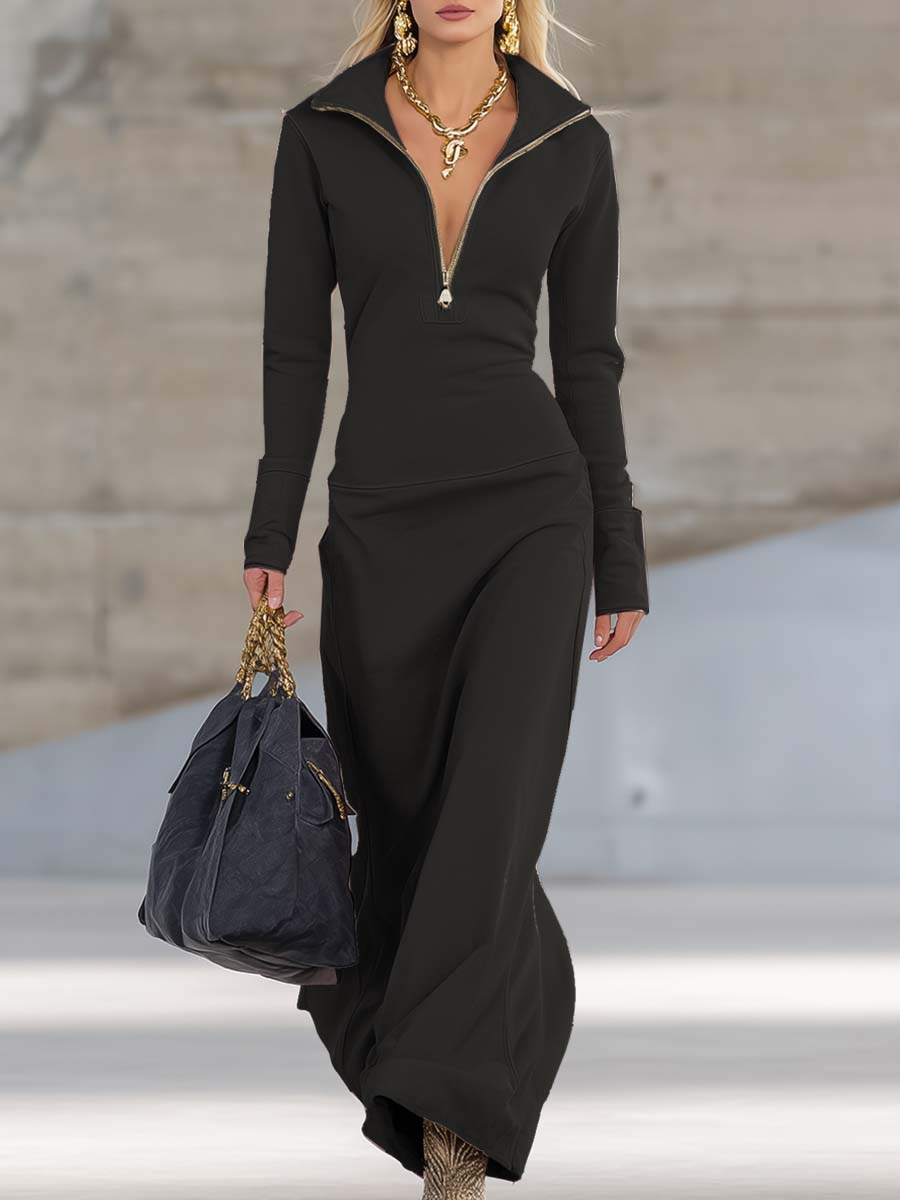 Anika | Women's Long Sleeve Zip Neck Fitted Maxi Dress