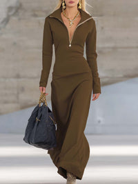 Anika | Women's Long Sleeve Zip Neck Fitted Maxi Dress