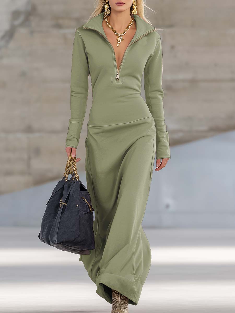 Anika | Women's Long Sleeve Zip Neck Fitted Maxi Dress