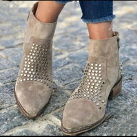 Charlotte | Ankle Boots Studded Pointed Toe Side Zip Chunky Heel Brown
