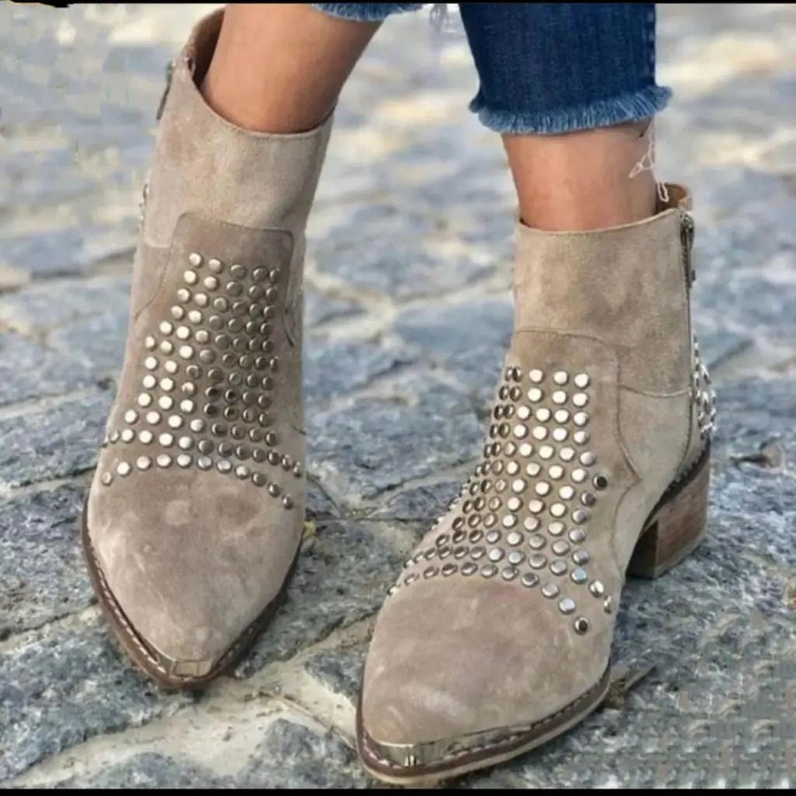 Charlotte | Ankle Boots Studded Pointed Toe Side Zip Chunky Heel Brown