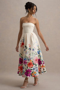 Annalise Light Pink Floral Print Bandeau Skater Midi Dress