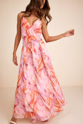 Astraea Lilac And Orange Abstract Surplice Ruffled Maxi Dress