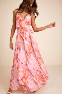 Astraea Lilac And Orange Abstract Surplice Ruffled Maxi Dress