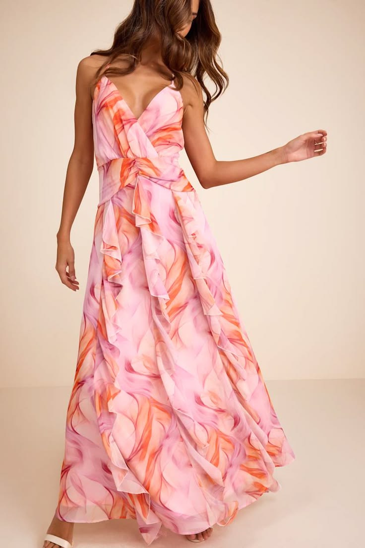 Astraea Lilac And Orange Abstract Surplice Ruffled Maxi Dress