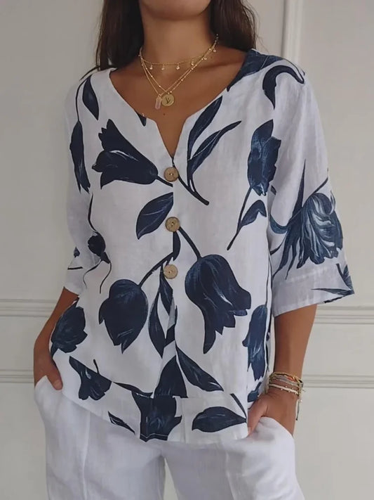 Auriana | Women's Floral V-Neck Button-Up Blouse