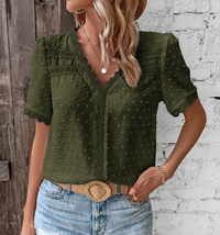 Aurore | Women's V-Neck Lace Trim Short Sleeve Blouse