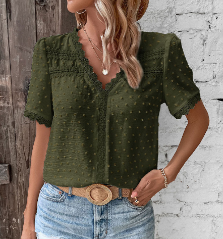 Aurore | Women's V-Neck Lace Trim Short Sleeve Blouse
