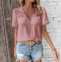 Aurore | Women's V-Neck Lace Trim Short Sleeve Blouse