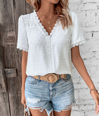 Aurore | Women's V-Neck Lace Trim Short Sleeve Blouse