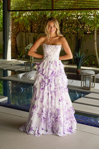 Ava Presley 47145 Long Floral Print Ball Gown Ruffle Prom Dress White