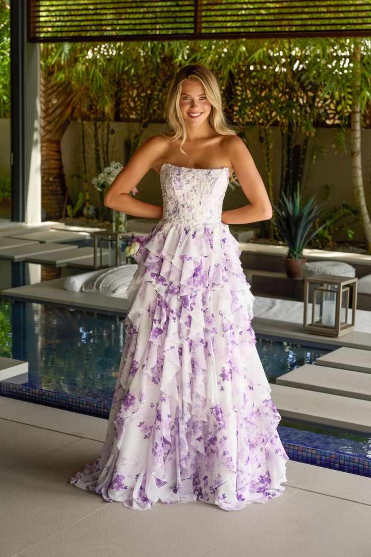 Ava Presley 47145 Long Floral Print Ball Gown Ruffle Prom Dress White
