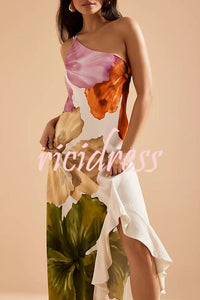 Love Filled Floral Print One Shoulder Side Ruffles Maxi Slip Dress
