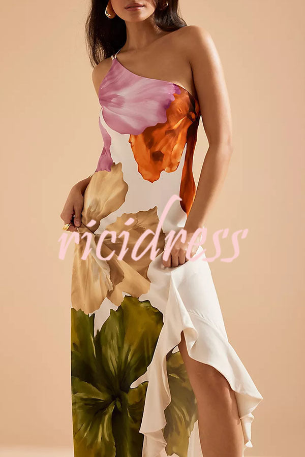 Love Filled Floral Print One Shoulder Side Ruffles Maxi Slip Dress