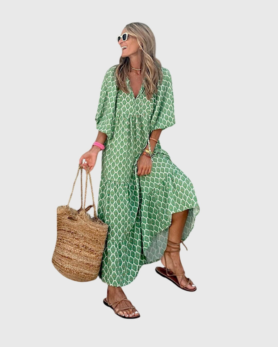 Sarah - Boho Maxi Dress Green-White