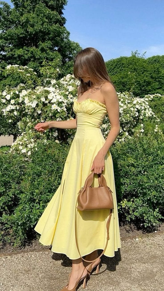Modest A Line Sweetheart Yellow Chiffon Slit Prom Dress Birthday